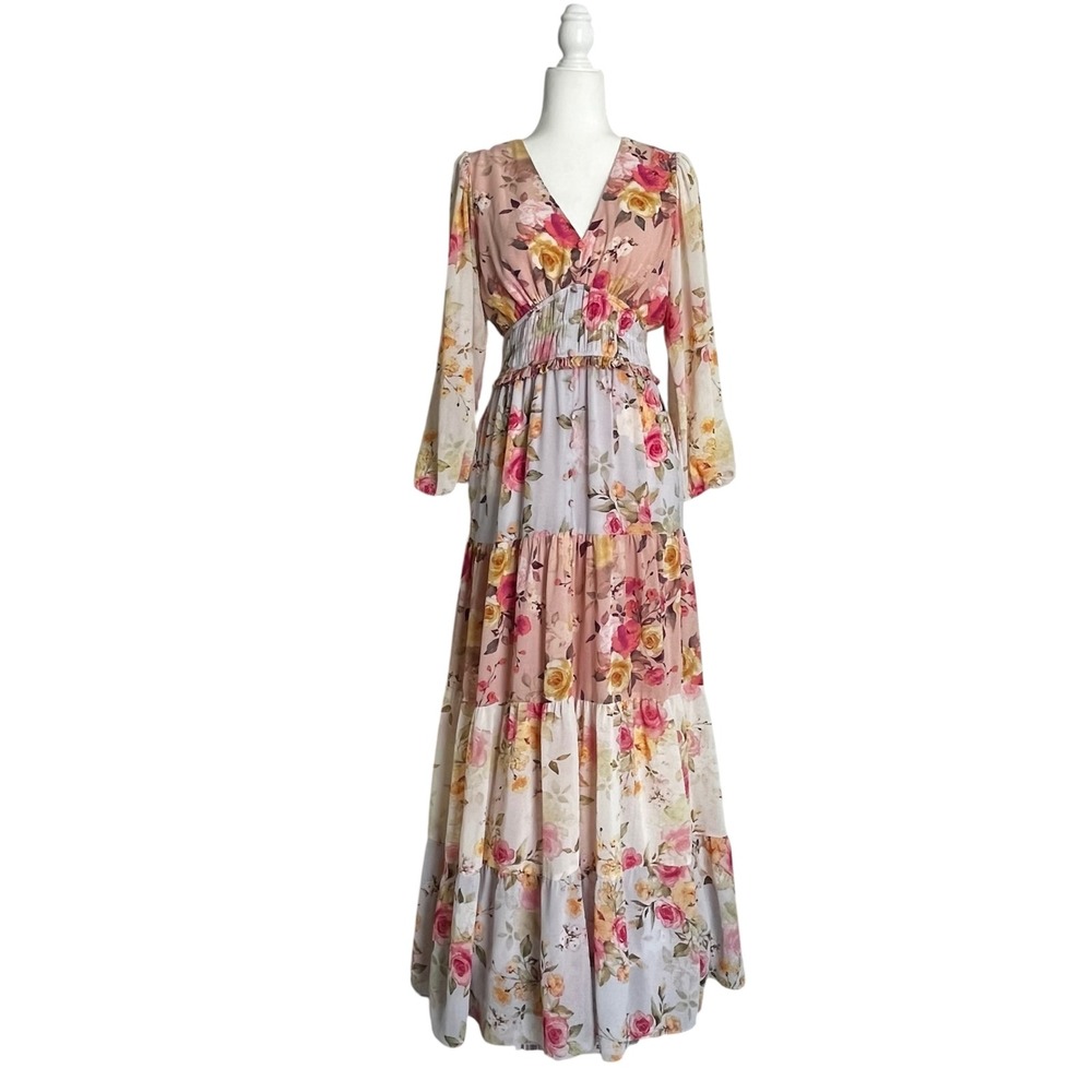 Melonie Women Floral tiered balloon sleeves‎ peasant dress boho cottage Sz 6